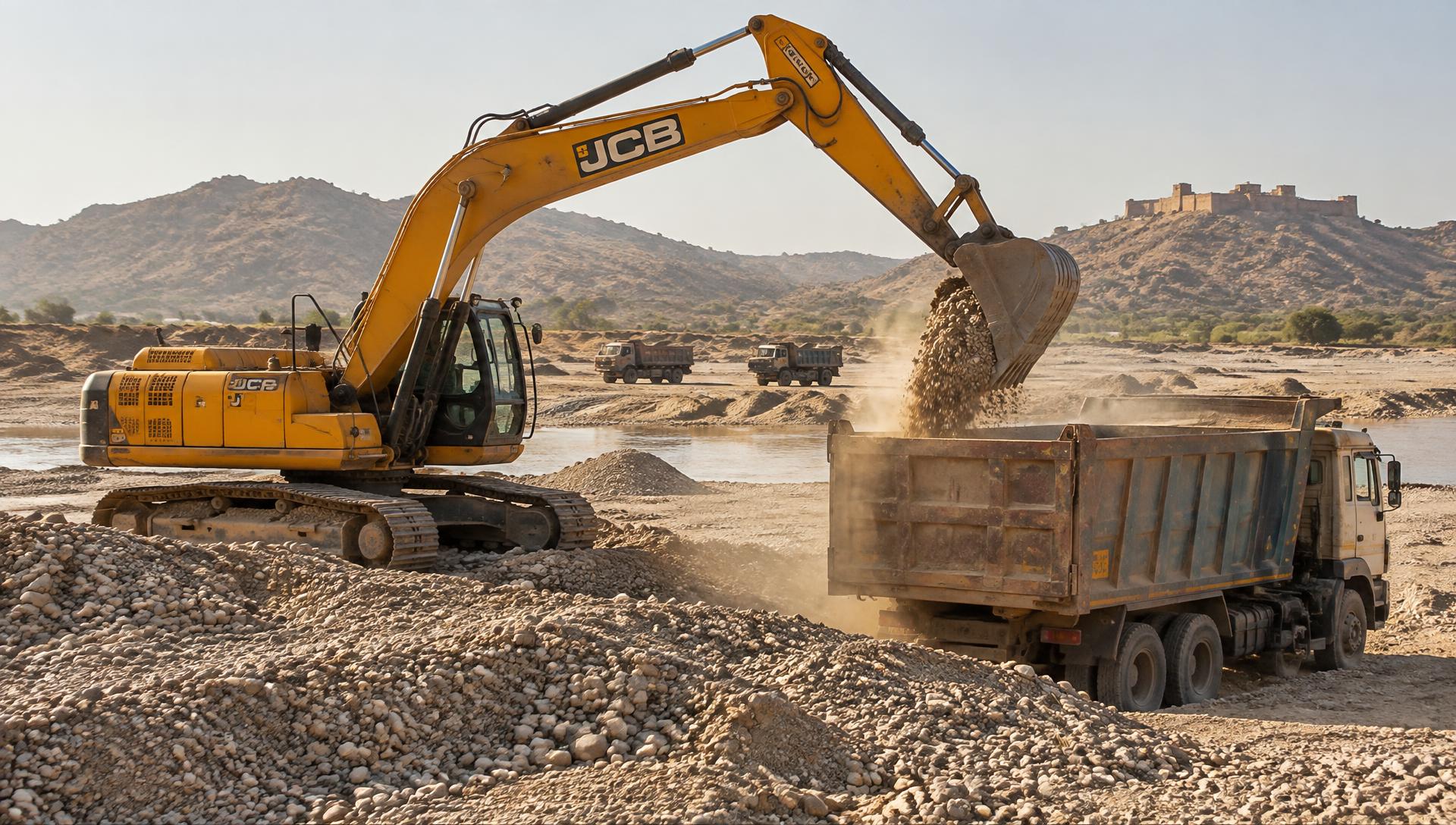 JCB excavator loading bajri